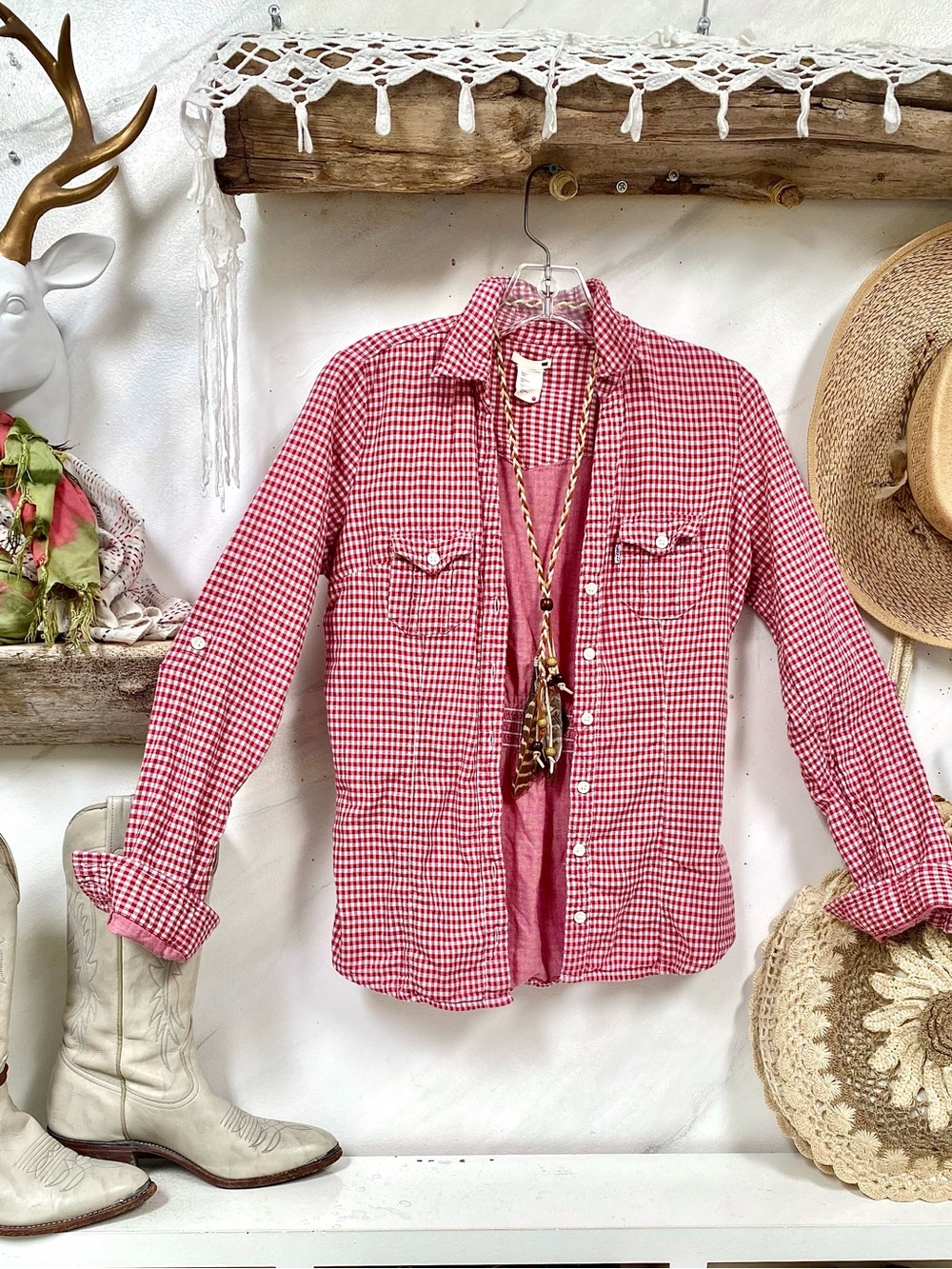 Gingham LEVIS boho shirt /cover up w southwestern country cottagecore vibe
